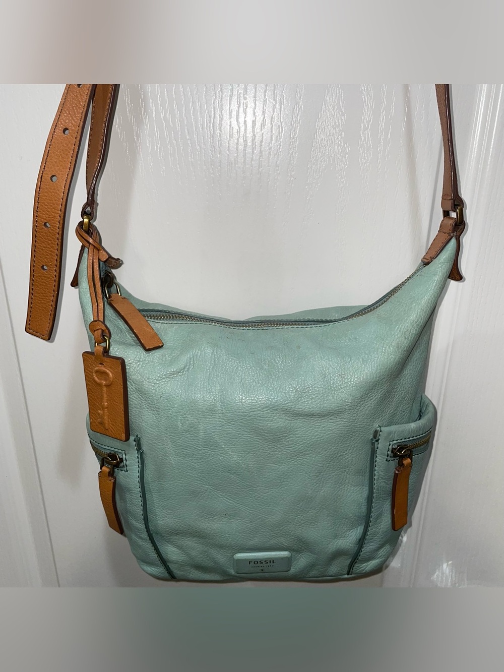 Fossil Leather Sea Green Mint Crossbody Shoulder Bag Boho Tahoe Indie Resortwear - Picture 5 of 16